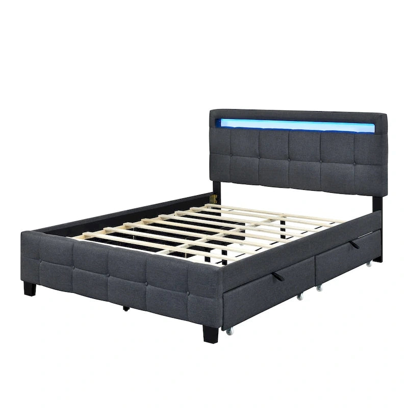 Queen Upholstered Platform Bed with RGB LED Lights & 4 Storage Drawers | Linen Fabric | Lattice Headboard | 500lbs Capacity | Beige/Gray