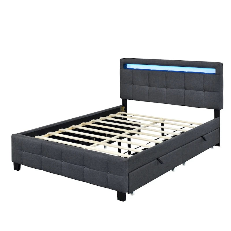 Queen Upholstered Platform Bed with RGB LED Lights & 4 Storage Drawers | Linen Fabric | Lattice Headboard | 500lbs Capacity | Beige/Gray