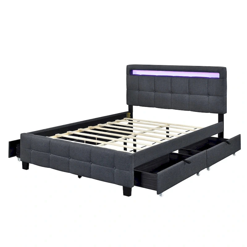 Queen Upholstered Platform Bed with RGB LED Lights & 4 Storage Drawers | Linen Fabric | Lattice Headboard | 500lbs Capacity | Beige/Gray