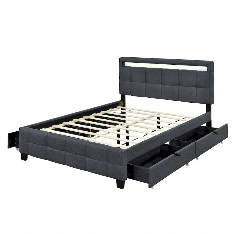 Queen Upholstered Platform Bed with RGB LED Lights & 4 Storage Drawers | Linen Fabric | Lattice Headboard | 500lbs Capacity | Beige/Gray