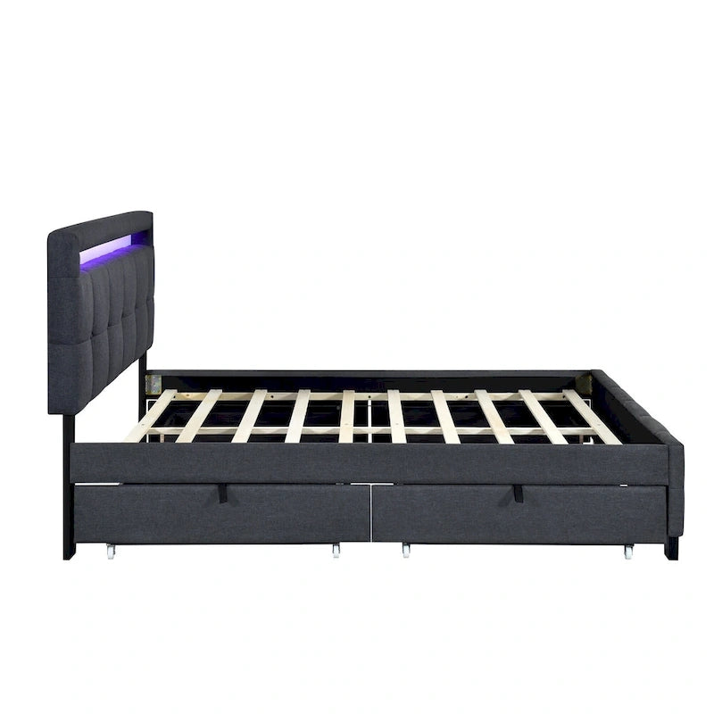Queen Upholstered Platform Bed with RGB LED Lights & 4 Storage Drawers | Linen Fabric | Lattice Headboard | 500lbs Capacity | Beige/Gray
