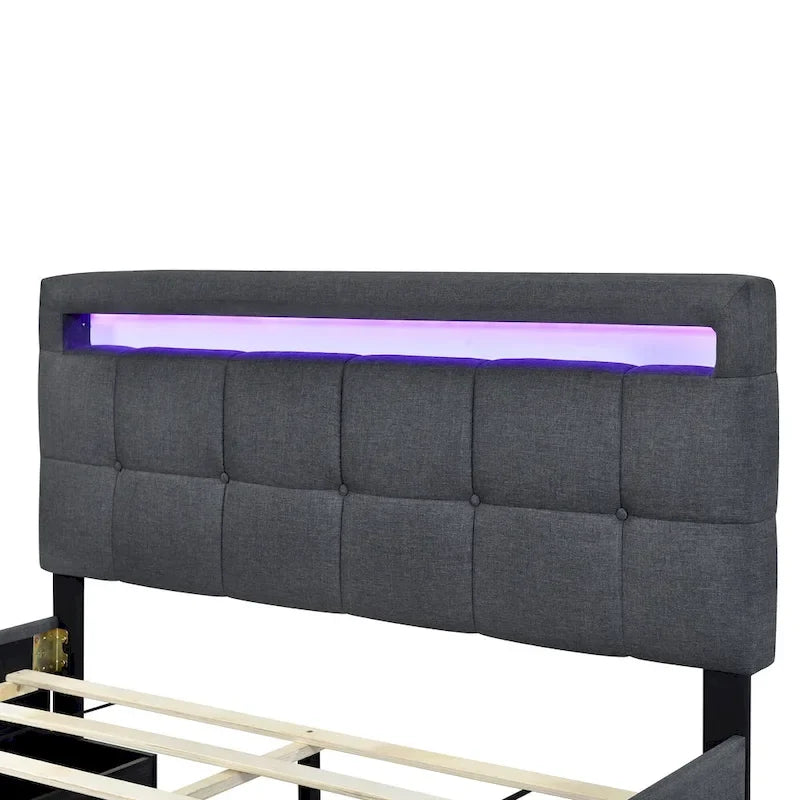 Queen Upholstered Platform Bed with RGB LED Lights & 4 Storage Drawers | Linen Fabric | Lattice Headboard | 500lbs Capacity | Beige/Gray