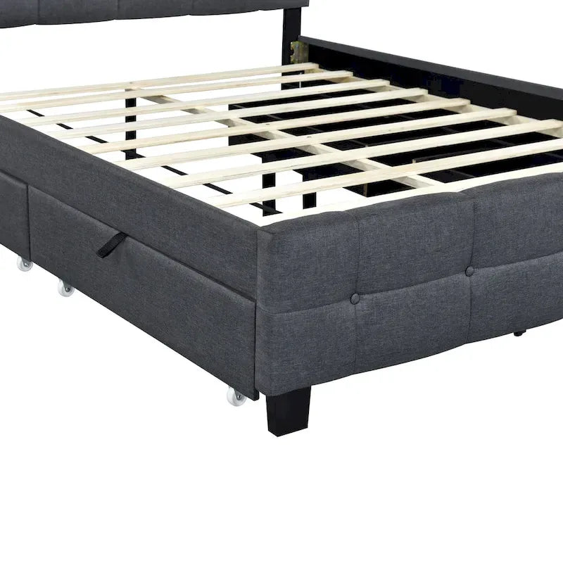 Queen Upholstered Platform Bed with RGB LED Lights & 4 Storage Drawers | Linen Fabric | Lattice Headboard | 500lbs Capacity | Beige/Gray