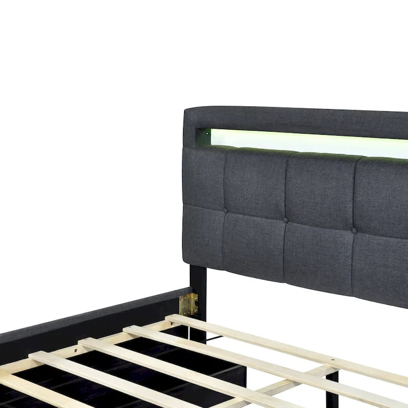 Queen Upholstered Platform Bed with RGB LED Lights & 4 Storage Drawers | Linen Fabric | Lattice Headboard | 500lbs Capacity | Beige/Gray