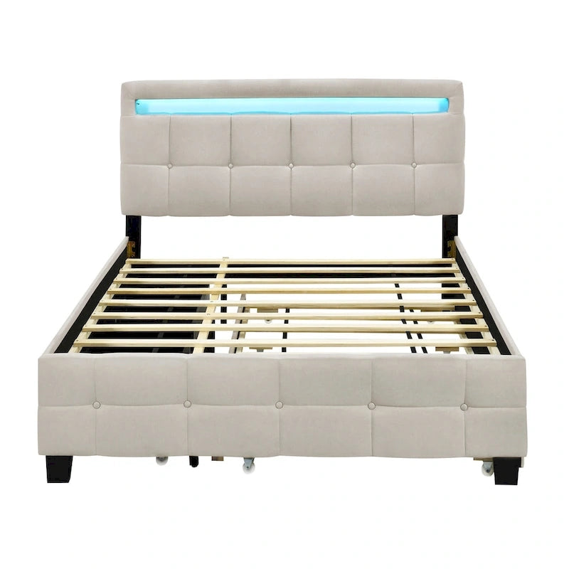 Queen Upholstered Platform Bed with RGB LED Lights & 4 Storage Drawers | Linen Fabric | Lattice Headboard | 500lbs Capacity | Beige/Gray