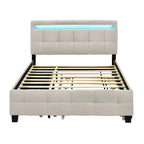 Queen Upholstered Platform Bed with RGB LED Lights & 4 Storage Drawers | Linen Fabric | Lattice Headboard | 500lbs Capacity | Beige/Gray
