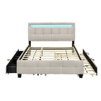 Queen Upholstered Platform Bed with RGB LED Lights & 4 Storage Drawers | Linen Fabric | Lattice Headboard | 500lbs Capacity | Beige/Gray