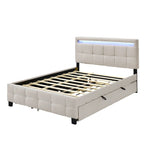 Queen Upholstered Platform Bed with RGB LED Lights & 4 Storage Drawers | Linen Fabric | Lattice Headboard | 500lbs Capacity | Beige/Gray