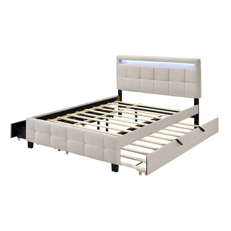 Queen Upholstered Platform Bed with RGB LED Lights & 4 Storage Drawers | Linen Fabric | Lattice Headboard | 500lbs Capacity | Beige/Gray