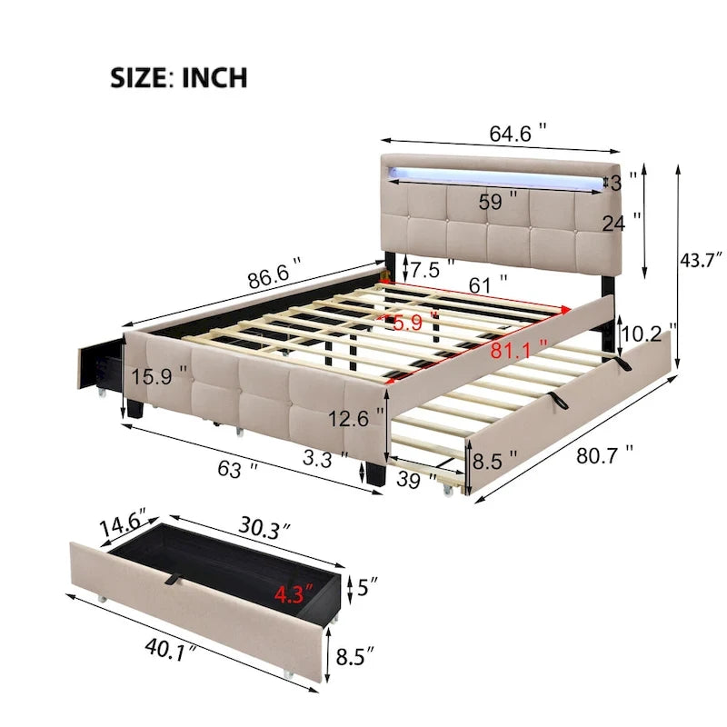 Queen Upholstered Platform Bed with RGB LED Lights & 4 Storage Drawers | Linen Fabric | Lattice Headboard | 500lbs Capacity | Beige/Gray