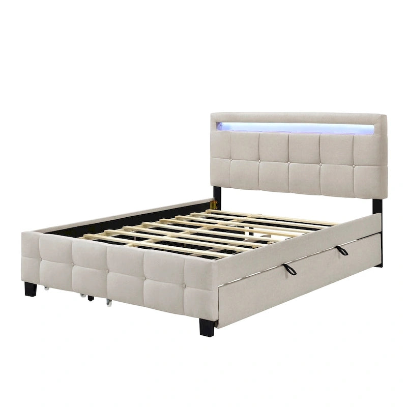 Queen Upholstered Platform Bed with RGB LED Lights & 4 Storage Drawers | Linen Fabric | Lattice Headboard | 500lbs Capacity | Beige/Gray