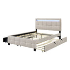 Queen Upholstered Platform Bed with RGB LED Lights & 4 Storage Drawers | Linen Fabric | Lattice Headboard | 500lbs Capacity | Beige/Gray