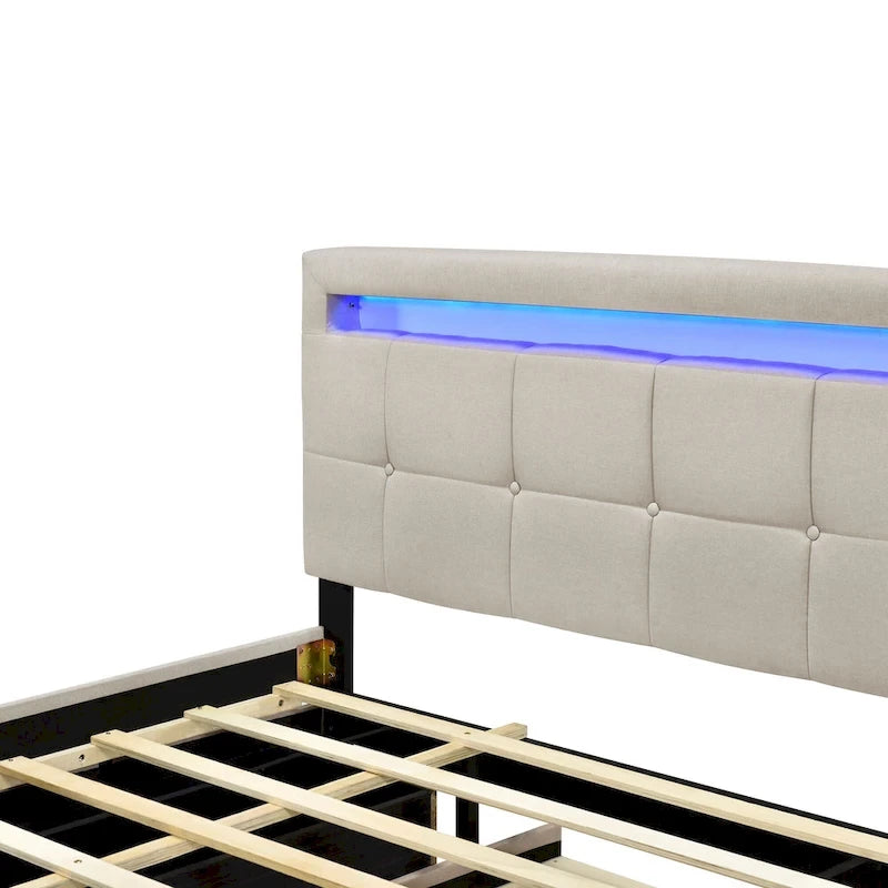 Queen Upholstered Platform Bed with RGB LED Lights & 4 Storage Drawers | Linen Fabric | Lattice Headboard | 500lbs Capacity | Beige/Gray
