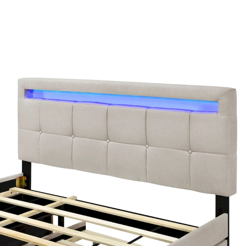 Queen Upholstered Platform Bed with RGB LED Lights & 4 Storage Drawers | Linen Fabric | Lattice Headboard | 500lbs Capacity | Beige/Gray