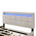 Queen Upholstered Platform Bed with RGB LED Lights & 4 Storage Drawers | Linen Fabric | Lattice Headboard | 500lbs Capacity | Beige/Gray