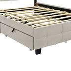 Queen Upholstered Platform Bed with RGB LED Lights & 4 Storage Drawers | Linen Fabric | Lattice Headboard | 500lbs Capacity | Beige/Gray