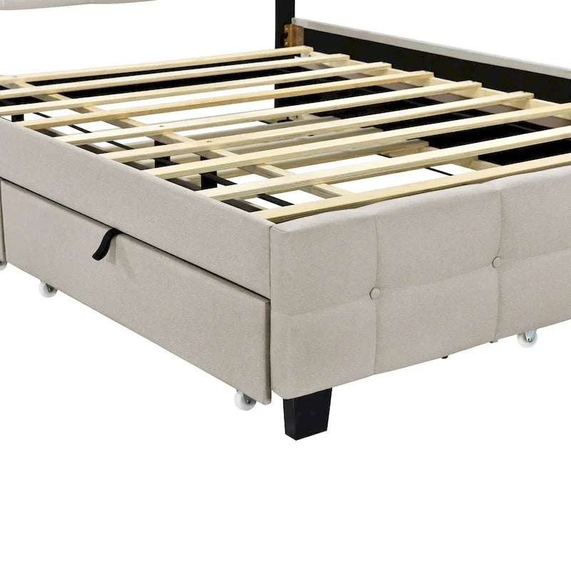 Queen Upholstered Platform Bed with RGB LED Lights & 4 Storage Drawers | Linen Fabric | Lattice Headboard | 500lbs Capacity | Beige/Gray