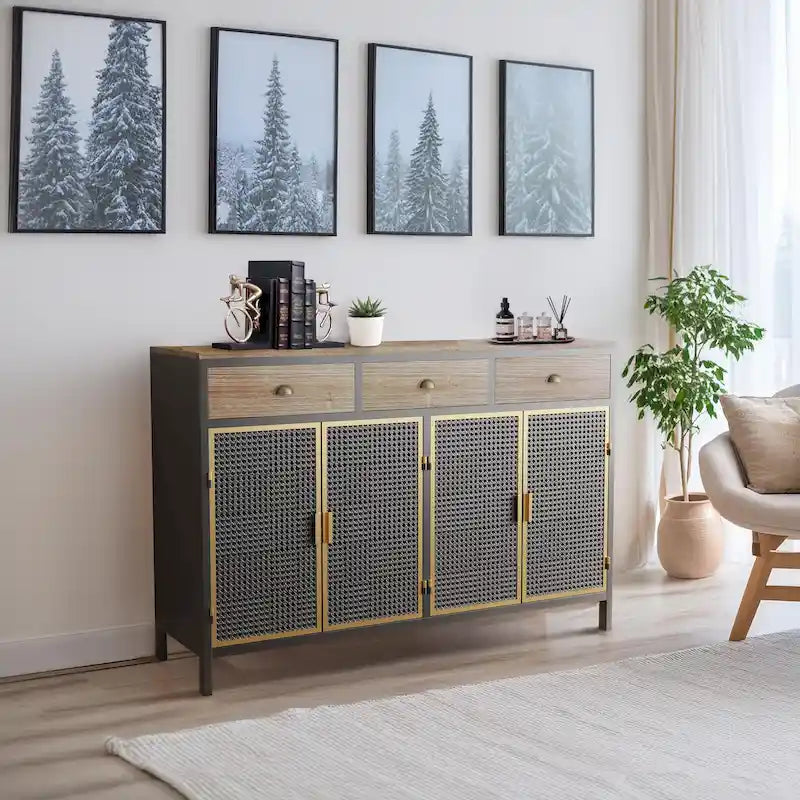 Roomfitters 48-Inch Wide Modern Sideboard with 3 Top Drawers and 4 Doors - Freestanding Storage Cabinet for Living Room, Office