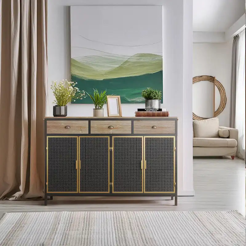 Roomfitters 48-Inch Wide Modern Sideboard with 3 Top Drawers and 4 Doors - Freestanding Storage Cabinet for Living Room, Office