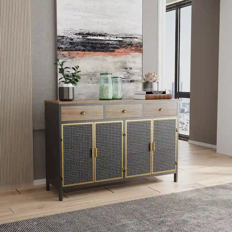 Roomfitters 48-Inch Wide Modern Sideboard with 3 Top Drawers and 4 Doors - Freestanding Storage Cabinet for Living Room, Office