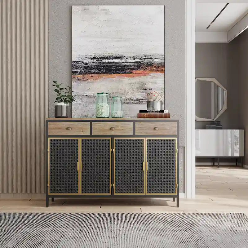 Roomfitters 48-Inch Wide Modern Sideboard with 3 Top Drawers and 4 Doors - Freestanding Storage Cabinet for Living Room, Office