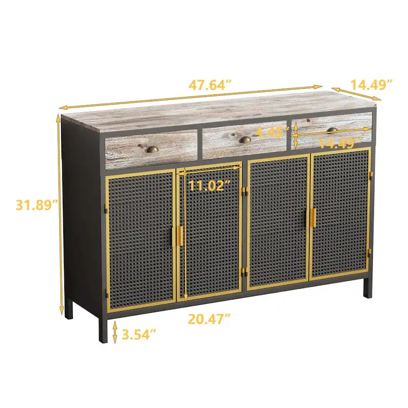 Roomfitters 48-Inch Wide Modern Sideboard with 3 Top Drawers and 4 Doors - Freestanding Storage Cabinet for Living Room, Office